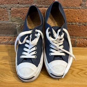 Converse jack purcell canvas shoes. Blue with red stripe. Hard to find. Size8.5